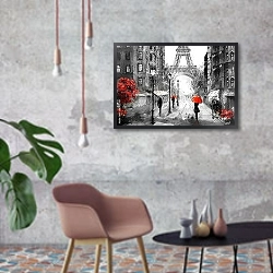 «Люди под красными зонтами на улице Парижа» в интерьере в стиле лофт с кирпичной стеной и синим креслом
