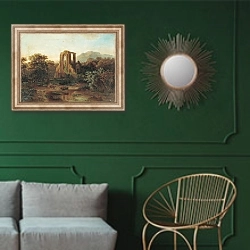 «Итальянский пейзаж. 1800» в интерьере классической гостиной с зеленой стеной над диваном