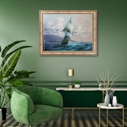 «Корабль под парусами в волнующемся море» в интерьере гостиной в зеленых тонах