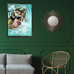 «Nogood Boyo the layabout dreaming his dreams, 2005» в интерьере классической гостиной с зеленой стеной над диваном