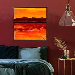 «Красный закат на озере» в интерьере спальни с акцентной стеной