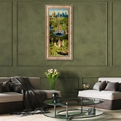 «The Garden of Earthly Delights: The Garden of Eden, left wing of triptych, c.1500» в интерьере гостиной в оливковых тонах