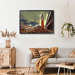 «Венецианская площадь с башней» в интерьере гостиной в стиле ретро над диваном