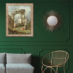 «A Capriccio - A Ruined Arch, 18th cenury» в интерьере классической гостиной с зеленой стеной над диваном