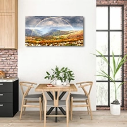 «Радуга в осенних горах» в интерьере кухни с кирпичными стенами над столом
