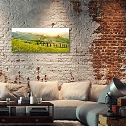 «Италия, Тоскана. Солнечный летний день» в интерьере гостиной в стиле лофт с кирпичными стенами