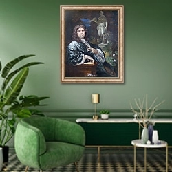 «Портрет человека в стеганой мантии» в интерьере гостиной в зеленых тонах