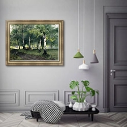 «Березовый лес. 1908» в интерьере гостиной в оливковых тонах