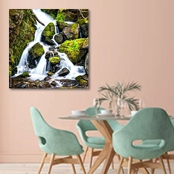 «Водопад в лесу 4» в интерьере современной столовой в пастельных тонах