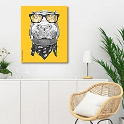«Портрет бегемота с очками и шарфом» в интерьере гостиной в скандинавском стиле над комодом