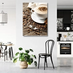 «Горячий кофе с корицей на деревянном фоне» в интерьере современной светлой кухни