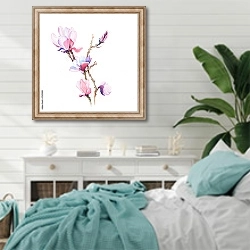 «Весенние цветы на белом» в интерьере спальни в стиле прованс с голубыми деталями