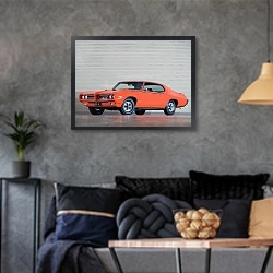 «Pontiac GTO ''The Judge'' Coupe Hardtop '1969» в интерьере гостиной в стиле лофт в серых тонах