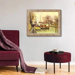 «Лодки на канале Сен-Мартен в Париже» в интерьере гостиной в бордовых тонах