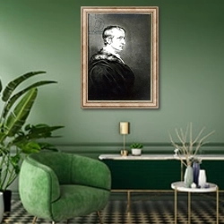 «William Godwin 1802» в интерьере гостиной в зеленых тонах