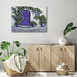 «Уютный каменный коттедж с фиолетвой дверью» в интерьере современной комнаты над комодом