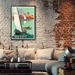 «Poster advertising Egypt» в интерьере гостиной в стиле лофт с кирпичной стеной