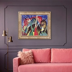 «Мифические животные I» в интерьере гостиной с розовым диваном