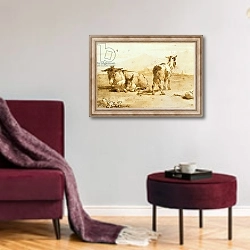 «PD.32-1959 Two Donkeys and a Goat in a Landscape» в интерьере гостиной в бордовых тонах