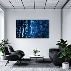 «Голубые цифровые двоичные данные на экране компьютера» в интерьере холла офиса в светлых тонах