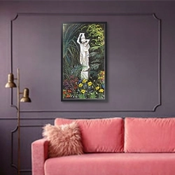 «A Corner of my Garden, 2018» в интерьере гостиной с розовым диваном
