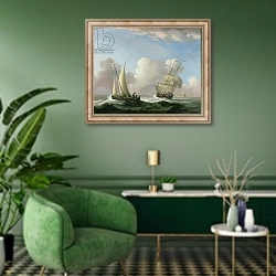 «A Man-o'-War in a Swell and a Sailing Boat» в интерьере гостиной в зеленых тонах