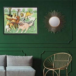 «Catch and Carry» в интерьере классической гостиной с зеленой стеной над диваном