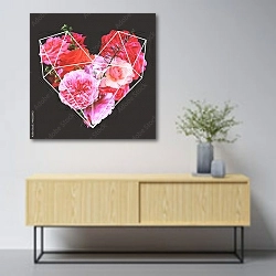 «Коллаж из роз и пионов в форме сердца» в интерьере в скандинавском стиле над тумбой