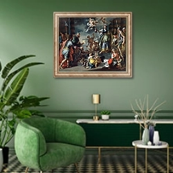 «Judith with the head of Holofernes, 1730» в интерьере гостиной в зеленых тонах