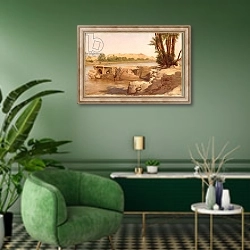 «On the Nile, 1868» в интерьере гостиной в зеленых тонах