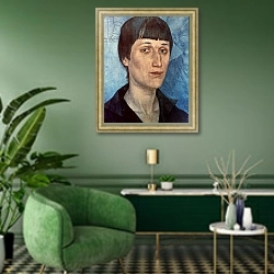 «Portrait of Anna Akhmatova, Russian poet, 1922» в интерьере гостиной в зеленых тонах