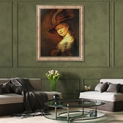 «Портрет Саскии ван Эйленбург» в интерьере гостиной в оливковых тонах