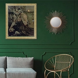 «Pan, 1899» в интерьере классической гостиной с зеленой стеной над диваном