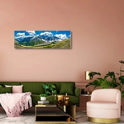 «Россия. Горная панорама Кавказского национального парка» в интерьере современной гостиной с розовой стеной