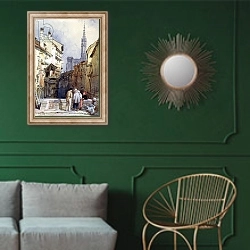«A Canal at Strasbourg» в интерьере классической гостиной с зеленой стеной над диваном