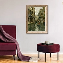 «A Family Outing On A Venetian Canal» в интерьере гостиной в бордовых тонах