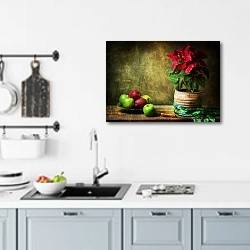«Натюрморт с цветком в горшке и яблоками на деревянном столе» в интерьере кухни над мойкой