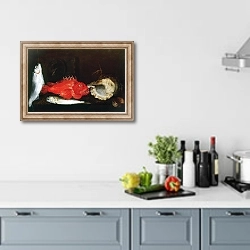 «Натюрморт с рыбой 2» в интерьере кухни в голубых тонах