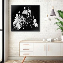 «История в черно-белых фото 451» в интерьере комнаты в скандинавском стиле над тумбой
