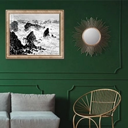 «The Rocks of Belle-Ile, 1886» в интерьере классической гостиной с зеленой стеной над диваном