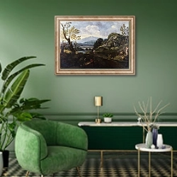 «Пейзаж с людьми» в интерьере гостиной в зеленых тонах