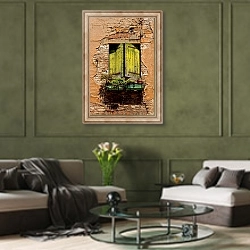 «Старое окно со ставнями» в интерьере гостиной в оливковых тонах