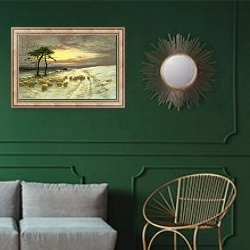 «Sheep in the Snow 1» в интерьере классической гостиной с зеленой стеной над диваном