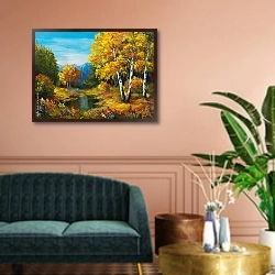 «Осенний лес с озером» в интерьере классической гостиной над диваном