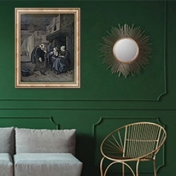 «Бродячий музыкант с двумя женщинами на кухне» в интерьере классической гостиной с зеленой стеной над диваном