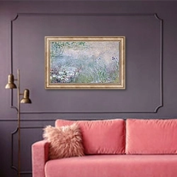 «Waterlilies, c.1910» в интерьере гостиной с розовым диваном