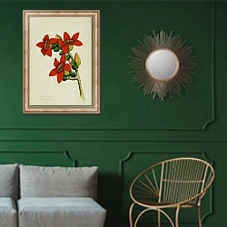«Bombax ceiba» в интерьере классической гостиной с зеленой стеной над диваном