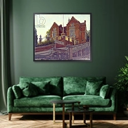 «The Old Schools, Harrow» в интерьере зеленой гостиной над диваном