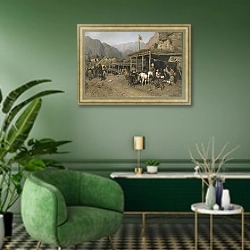 «Привал кавалеристов» в интерьере гостиной в зеленых тонах