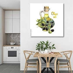 «Акварельная бутылка с оливковым маслом» в интерьере кухни в светлых тонах над обеденным столом